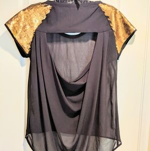 Black & Gold Sheer Sequin Blouse Size L Open Back